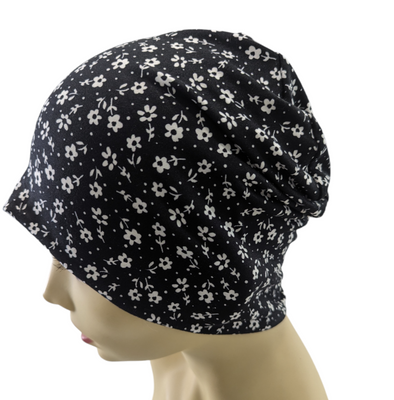 Energy Beanies - Black Creamy White Floral Print - Small / Medium and Large