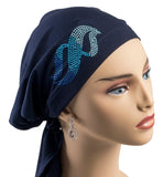 Pre-Tied Short  Scarf-Navy Blue with Multi-Color Rhinestones - Hello Courage | Chemo Hats - Cancer Caps - Cancer Scarves - Headcovers - Cancer Beanies - Headwear for Hair Loss - Gifts for  Cancer Patients with Hair Loss - Alopecia