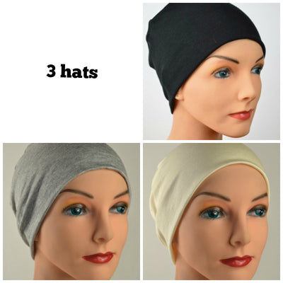 Cozy Collection - 3 hats - Organic Bamboo - THE NEUTRALS - Black, Gray, Creamy White - Small/Medium & Large - Hello Courage | Chemo Hats - Cancer Caps - Cancer Scarves - Headcovers - Cancer Beanies - Headwear for Hair Loss - Gifts for  Cancer Patients with Hair Loss - Alopecia