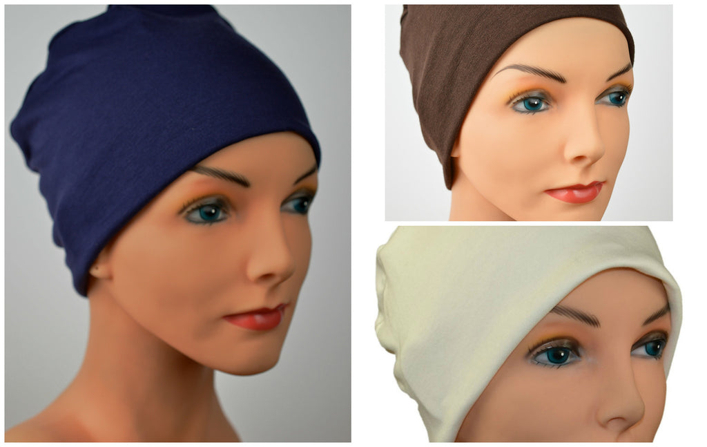 Cozy Collection - 3 hats ...Navy, Cream, Chocolate Brown - Hello Courage | Chemo Hats - Cancer Caps - Cancer Scarves - Headcovers - Cancer Beanies - Headwear for Hair Loss - Gifts for  Cancer Patients with Hair Loss - Alopecia